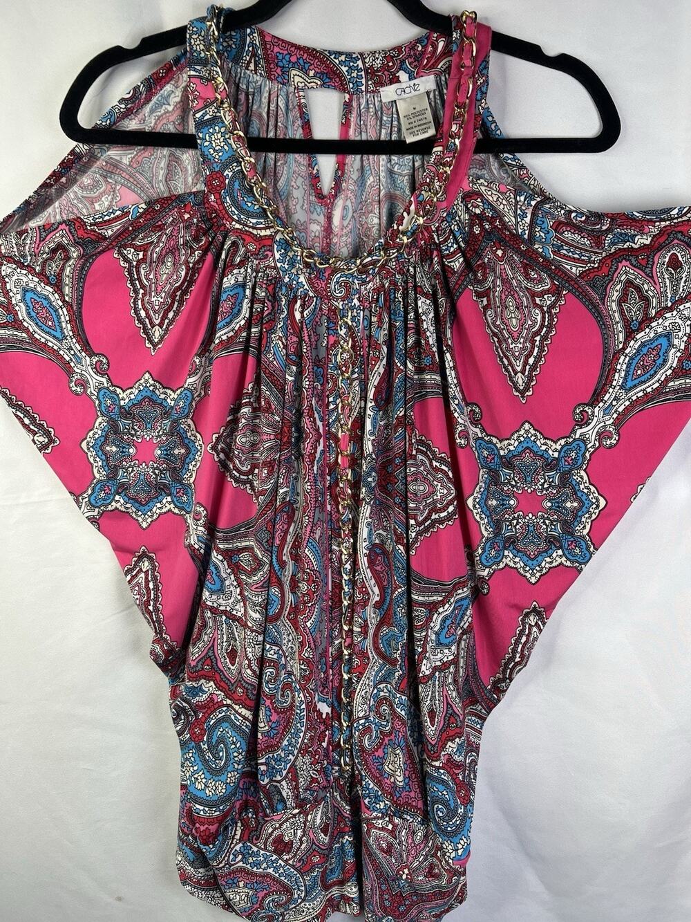 Cache Pink Chain Link Embellished Blouse Top Paisley Women's Size M EUC